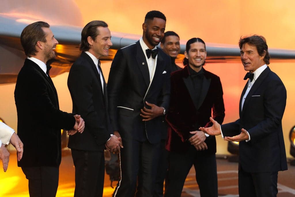 LONDON, ENGLAND - MAY 19: (L-R) Glen Powell, Lewis Pullman, Jay Ellis, Danny Ramirez and Tom Cruise attend the Royal Film Performance and UK Premiere of "Top Gun: Maverick" at Leicester Square on May 19, 2022 in London, England. (Photo by Lia Toby/Getty Images for Paramount Pictures)