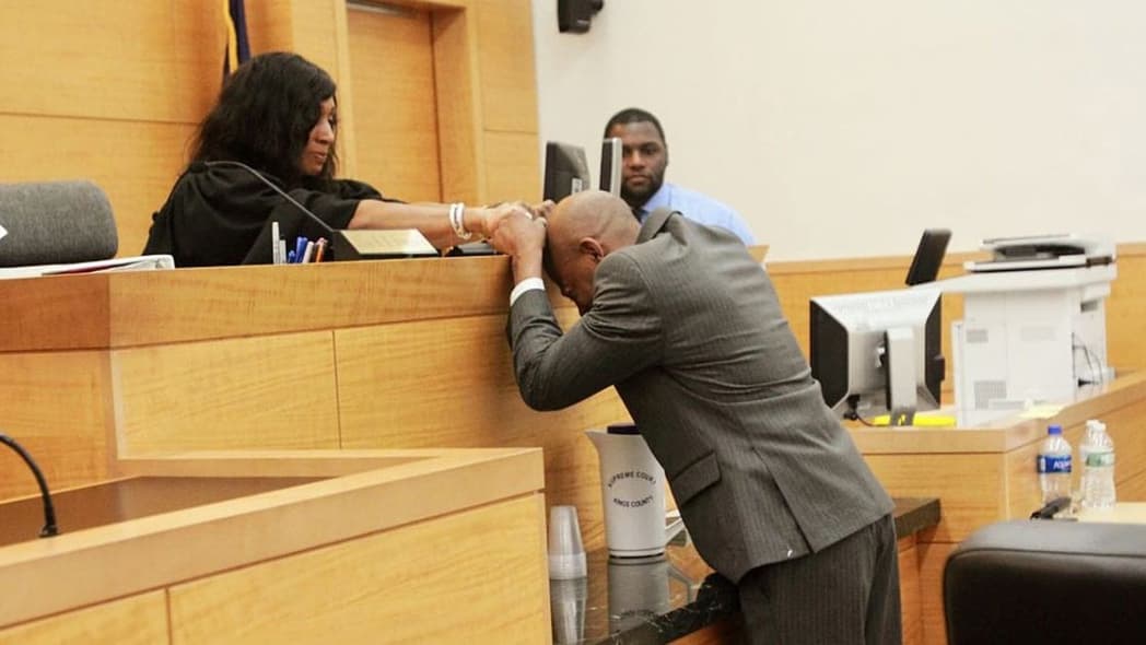 John Bunn cries after being exonerated by Supreme Court Justice Shawn'Dya Simpson for murder he didn't commit 17 years ago and was framed by police thegrio.com
