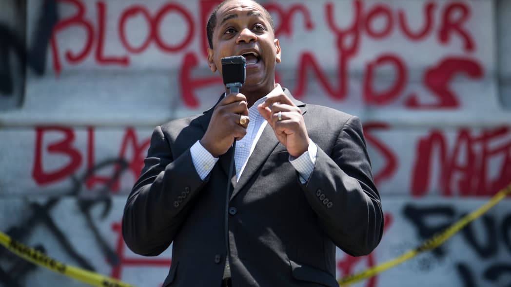 Virginia Lieutenant Gov. Justin Fairfax speaks to demonstrators in front of a statue of Confederate General Robert E. Lee is pictured on June 4, 2020 in Richmond, Virginia.(Photo by Zach Gibson/Getty Images) theGrio.com