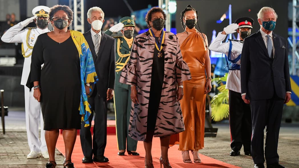 Mia Mottley, Garfield Sobers, Dame Sandra Mason, Rihanna and Prince Charles