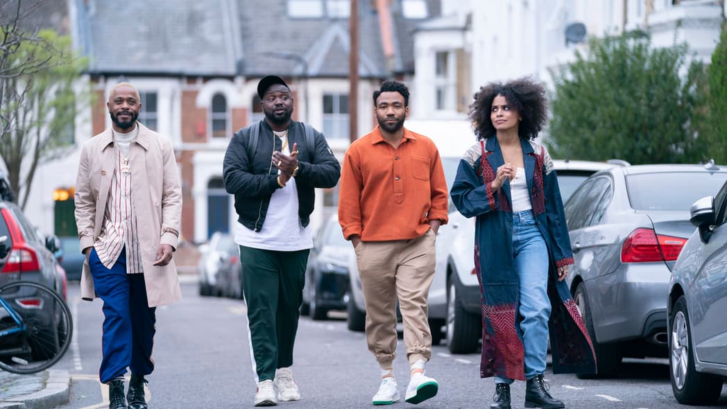 Actors LaKeith Stanfield, Brian Tyree Henry, Donald Glover and Zazie Beetz wearing casual outdoor clothing