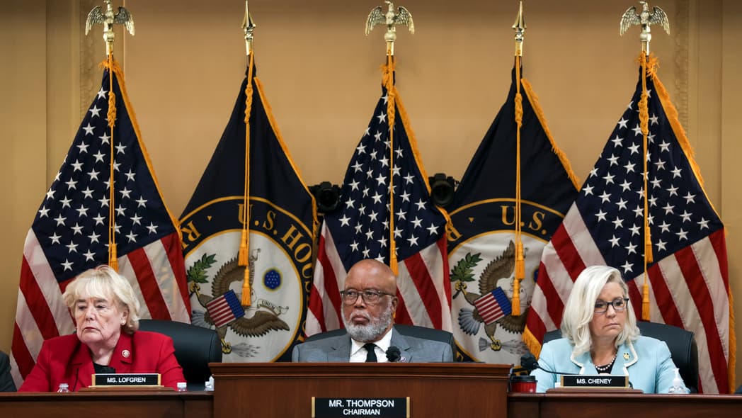 Rep. Zoe Lofgren (D-Ca.), Rep. Bennie Thompson (D-Miss.) and Vice Chairwoman Rep. Liz Cheney (R-Wy.)