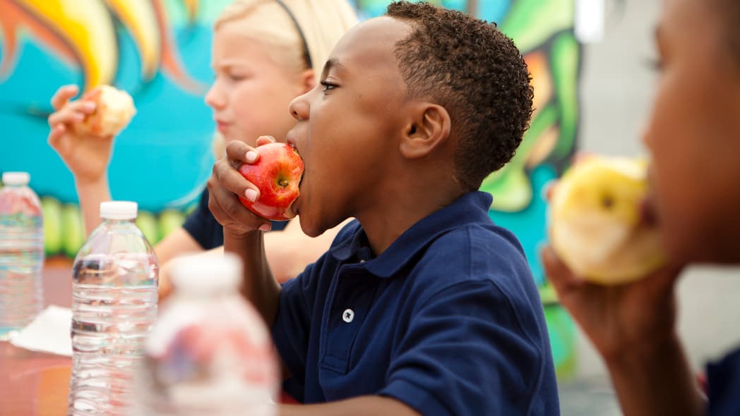 A little boy eats an apple at a table