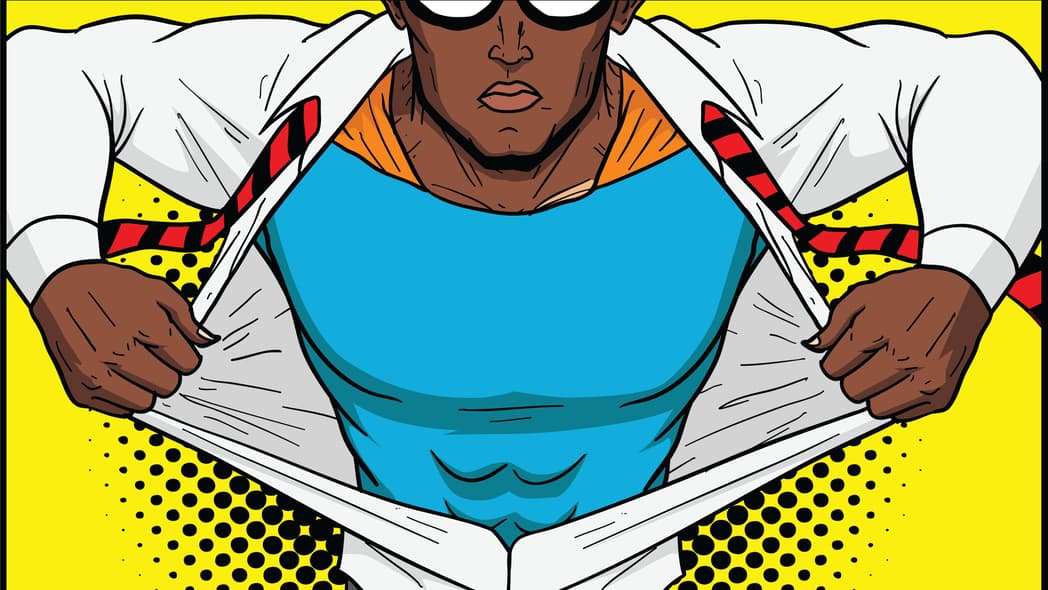 A cartoon of a man pulling open his shirt to show a superhero costume underneath
