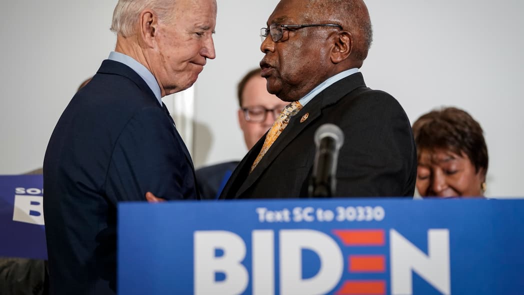 President Joe Biden shakes hands with Democratic Representative and House Majority Whip James Clyburn of South Carolina