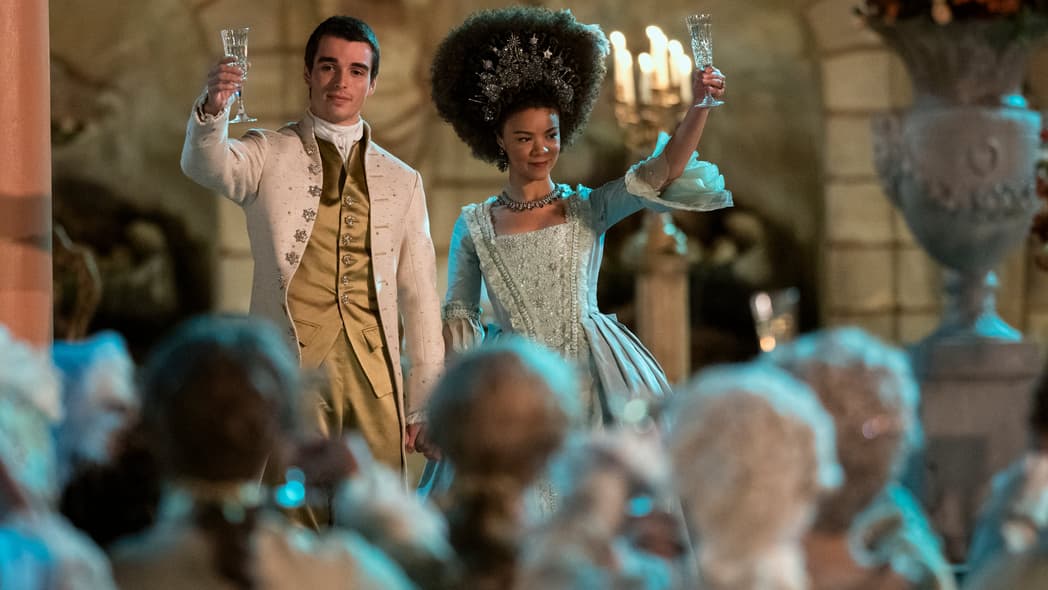 Actors Corey Mylchreest and India Amarteifio in "Queen Charlotte: A Bridgerton Story"