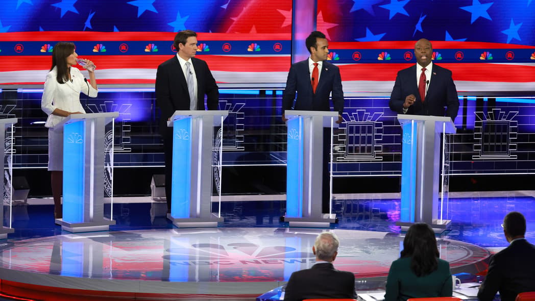 Republican presidential candidates Nikki Haley, Ron DeSantis, Vivek Ramaswamy and Tim Scott