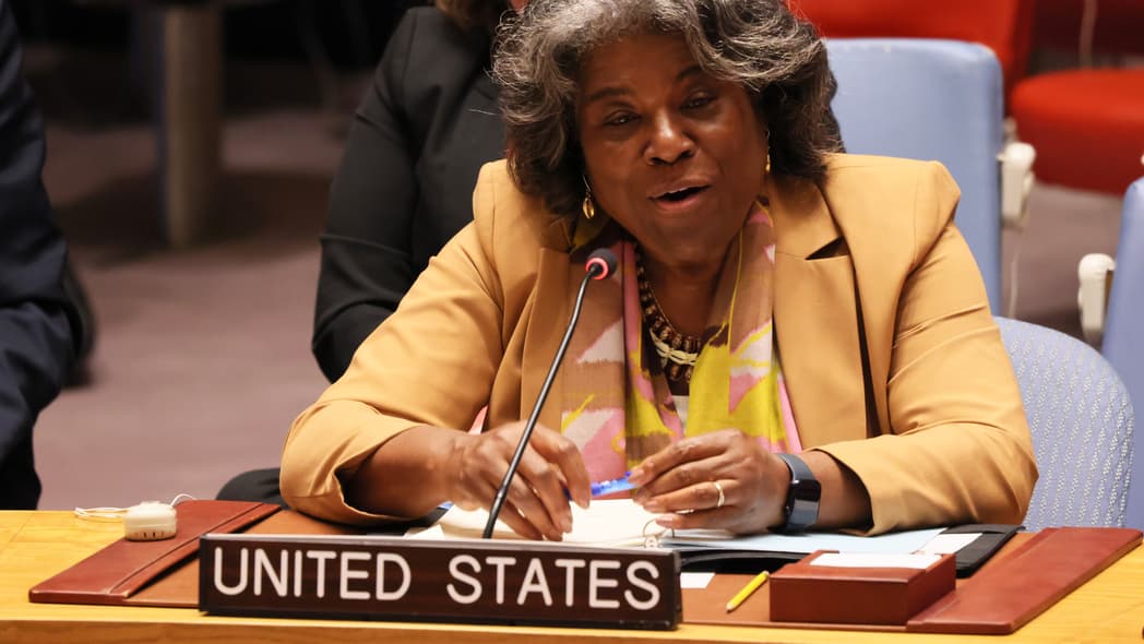 U.S. Representative to the United Nations Ambassador Linda Thomas-Greenfield sits at a table