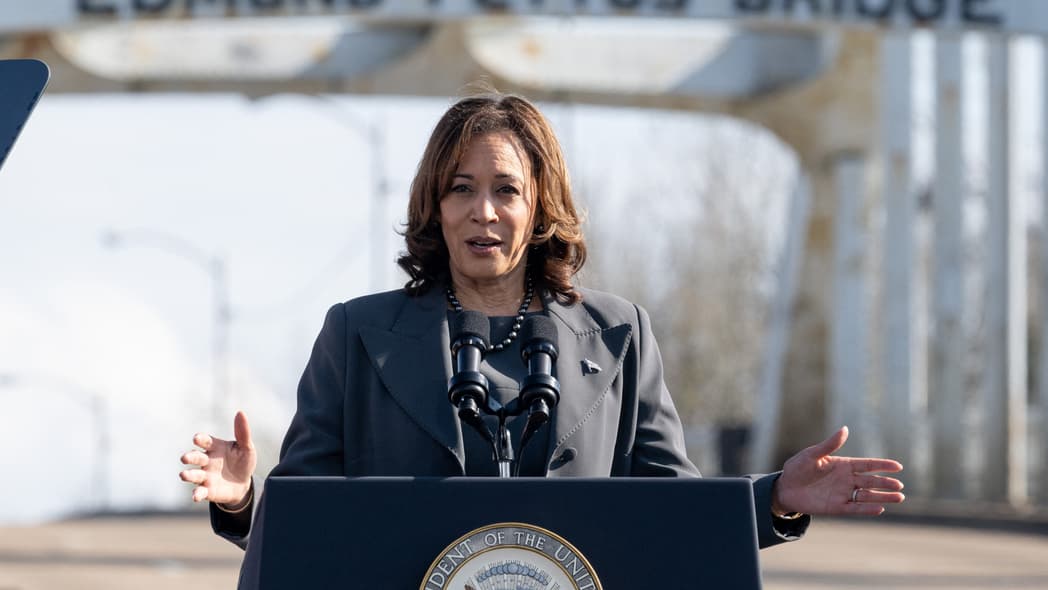 Vice President Kamala Harris speaks at the Edmund Pettus Bridge