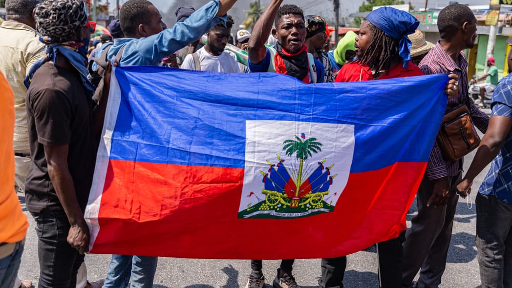 A group of people hold a Haitian flag and raise their hands in the air