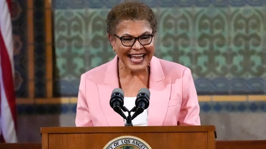 Los Angeles Mayor Karen Bass, whose official residence was recently burglarized, delivers the State of the City address from City Hall in Los Angeles on Monday, April 15, 2024. (Photo: Richard Vogel/AP) theGrio.com