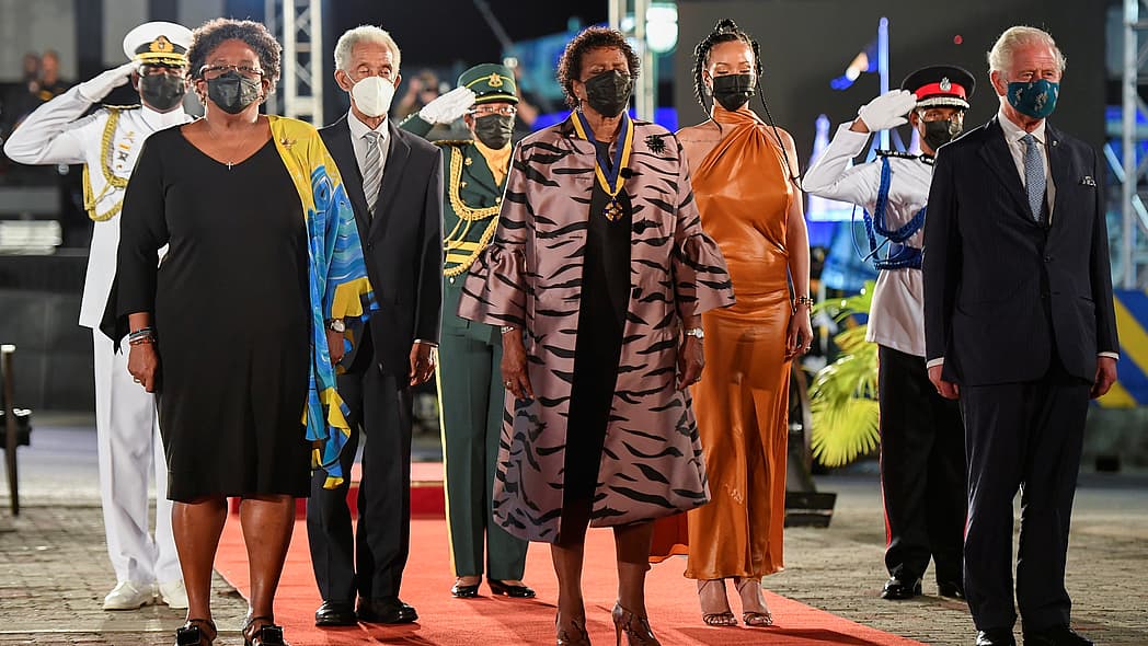 Mia Mottley, Garfield Sobers, Dame Sandra Mason, Rihanna and Prince Charles