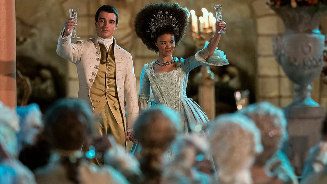 Actors Corey Mylchreest and India Amarteifio in "Queen Charlotte: A Bridgerton Story"