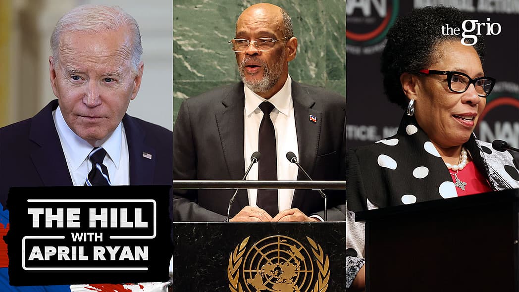 President Joe Biden, a man in a gray suit behind a UN podium and a woman in a black-and-white polka dotted jacket