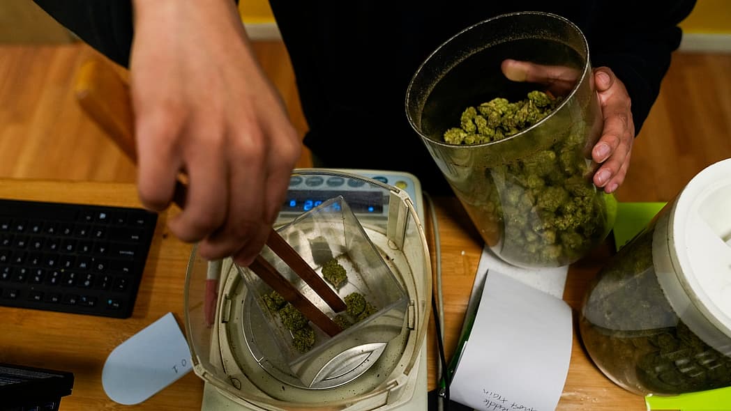 Budtender Rey Cruz weighs cannabis for a customer