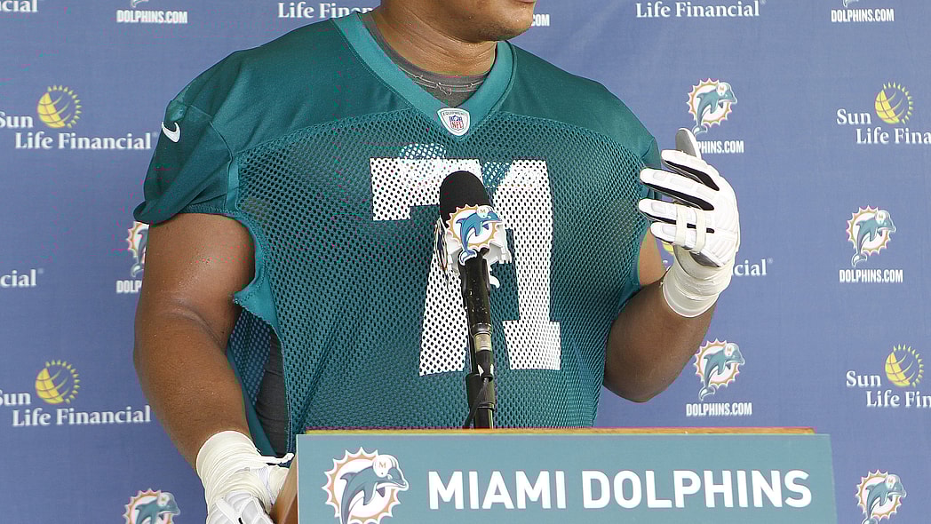 DAVIE, FL - MAY 4: Jonathan Martin #71 of the Miami Dolphins talks ot the media after the rookie minicamp on May 4, 2012 at the Miami Dolphins training facility in Davie, Florida. (Photo by Joel Auerbach/Getty Images) thegrio.com