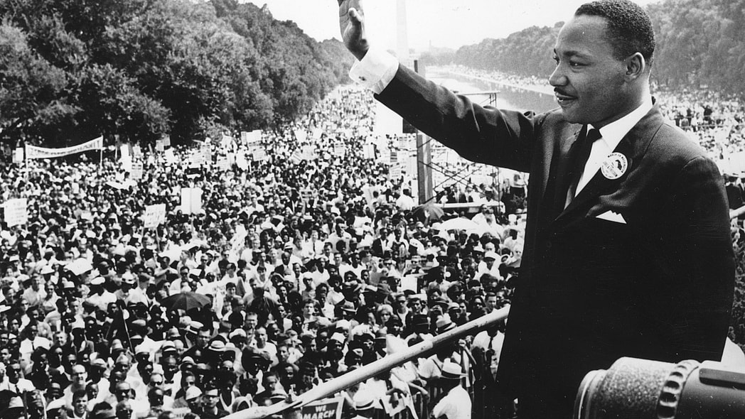 Civil rights leader Martin Luther King, Jr., addresses crowds during the March on Washington