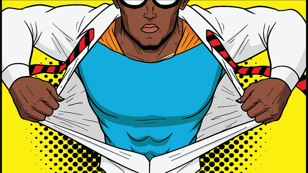 A cartoon of a man pulling open his shirt to show a superhero costume underneath