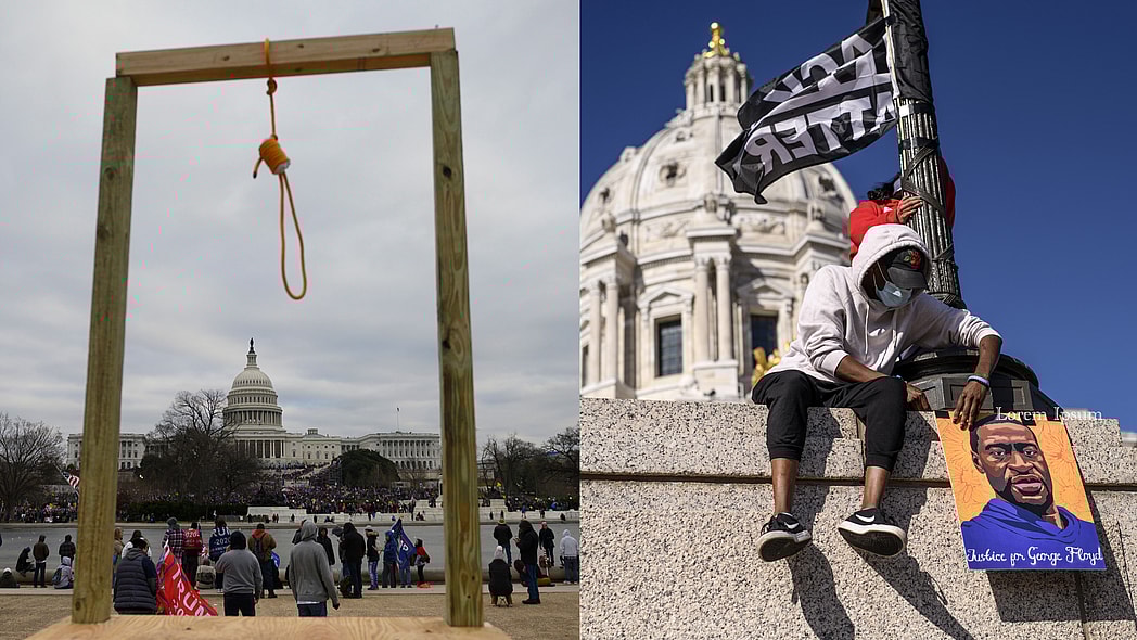 A makeshift gallows with a noose and supporters of former President Donald Trump at the U.S. Capitol on January 6, 2021