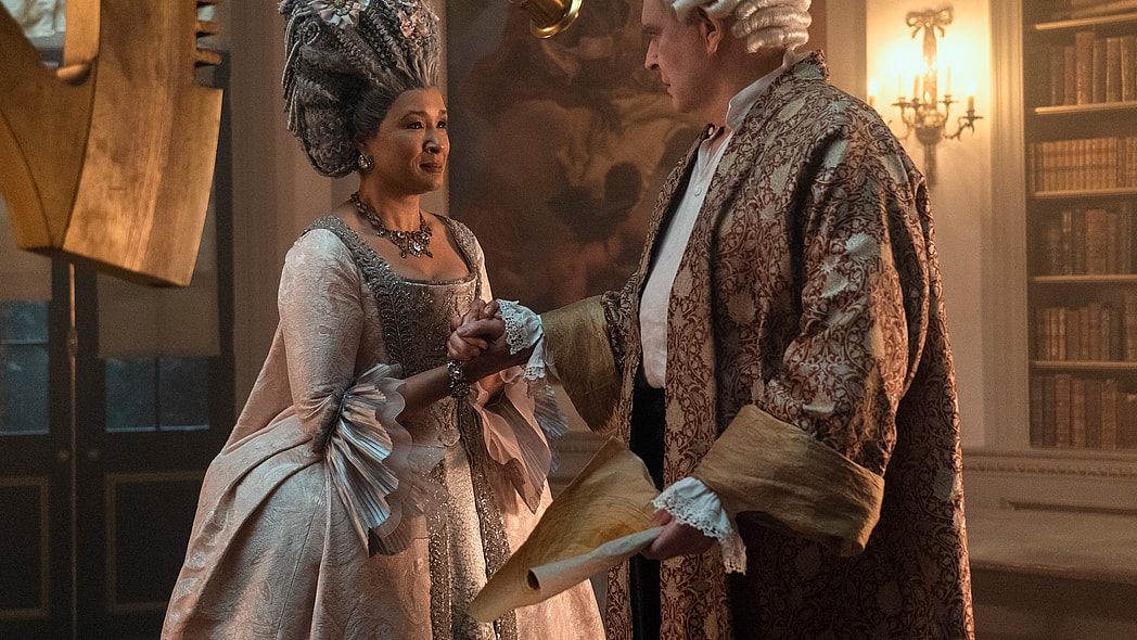 Actors Golda Rosheuvel and James Fleet in "Queen Charlotte: A Bridgerton Story"