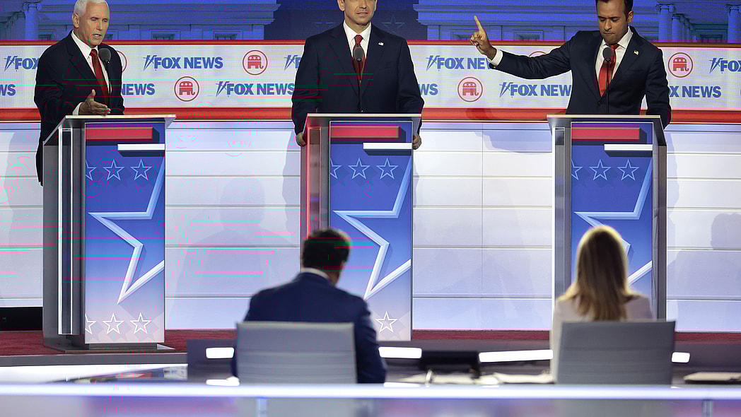 Republican presidential candidates former Vice President Mike Pence, Florida Gov. Ron DeSantis and Vivek Ramaswamy