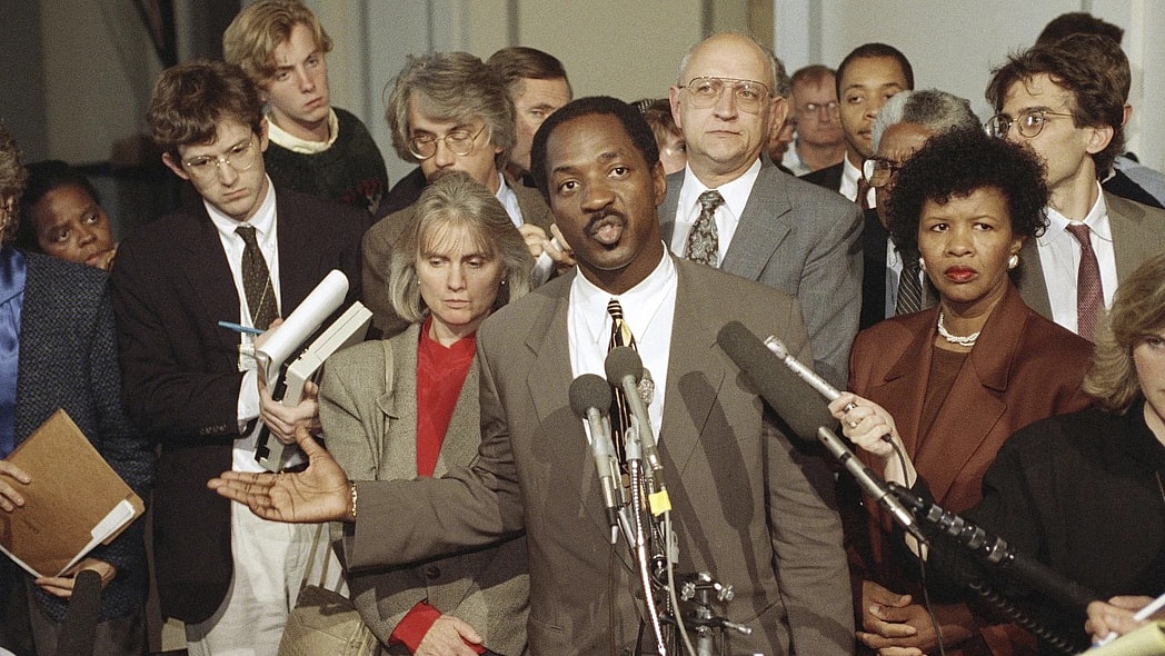 Charles Ogletree, lawyer for Anita Hill, speaks to reporters
