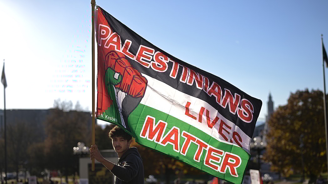 Al'Ammeer Mahmoud Hoj-Daen holds a "Palestinians Lives Matter" flag at a demonstration