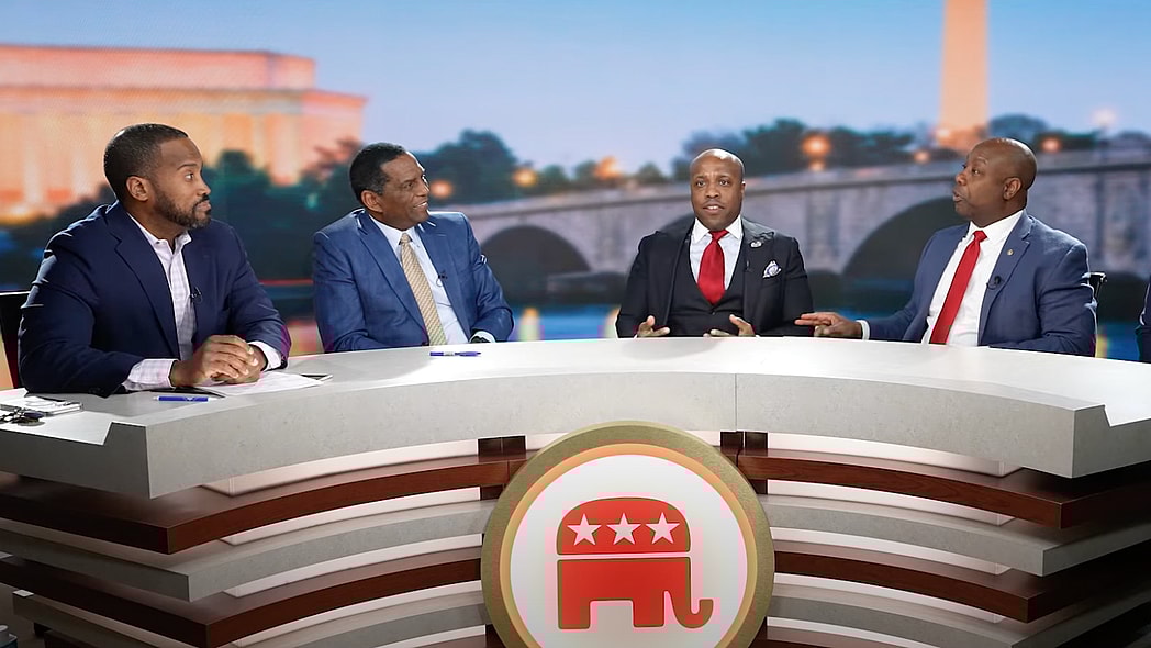 Republican Senator Tim Scott with Republican Representatives Byron Donalds, Wesley Hunt, Burgess Owens and John James