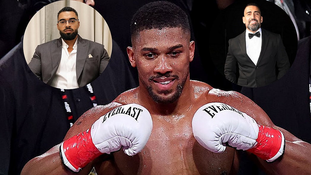 Carmen Mandato / Getty Images photo of boxer Anthony Joshua wearing white gloves with Instagram photos of late friends Latif "Latz" Ayodele and Sina Ghami