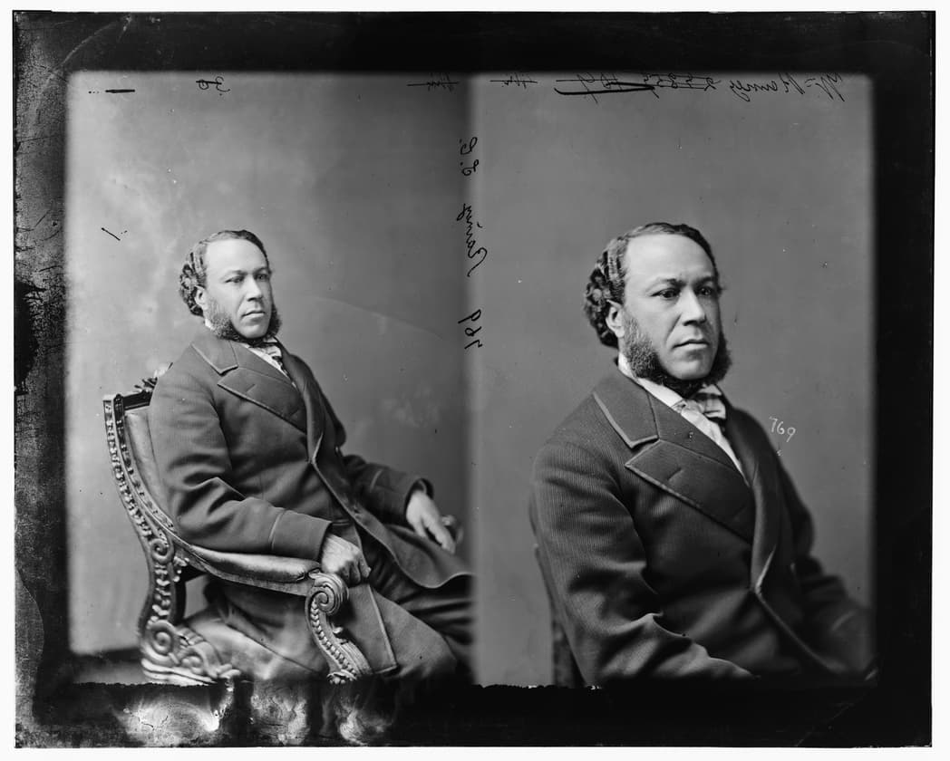 Portrait of Joseph Hayne Rainey, the first Black person to serve in the U.S. House of Representatives and the second to serve in Congress. Rainey fled to Bermuda during the Civil War, where his parents were born, and returned to the U.S. in 1866.