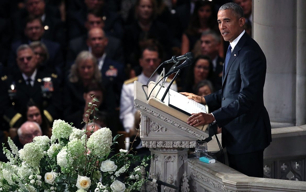National Cathedral Hosts Memorial Service For Sen. John McCain (R-AZ) WASHINGTON, DC - SEPTEMBER 1: Former U.S. President Barack Obama speaks at the funeral service for U.S. Sen. John McCain at the National Cathedral on September 1, 2018 in Washington, DC. The late senator died August 25 at the age of 81 after a long battle with brain cancer. McCain will be buried at his final resting place at the U.S. Naval Academy. (Photo by Mark Wilson/Getty Images)