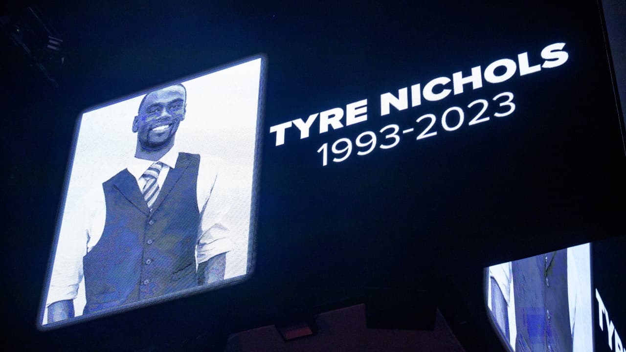 The screen at the Smoothie King Center in New Orleans honors Tyre Nichols