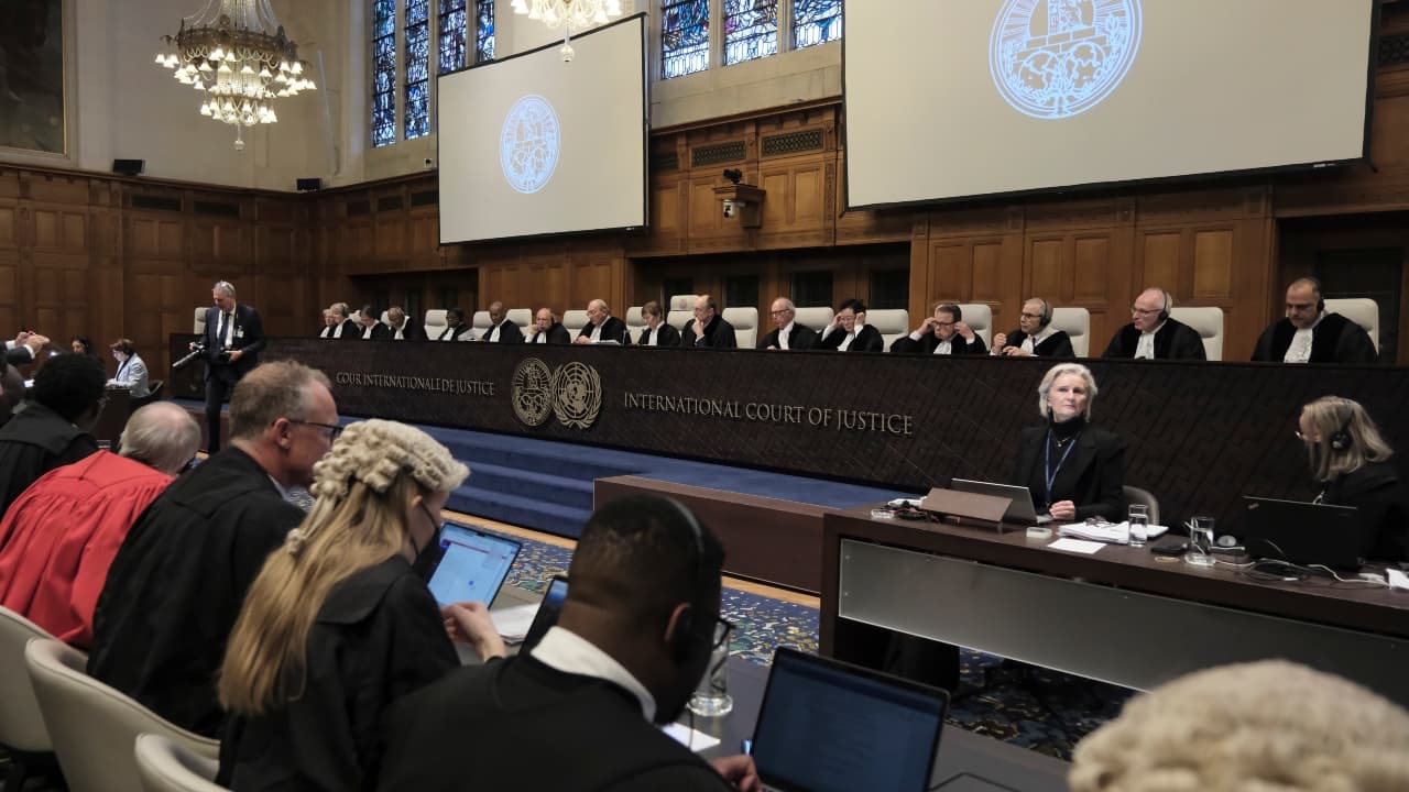 Judges and parties sit during a hearing at the International Court of Justice in The Hague, Netherlands