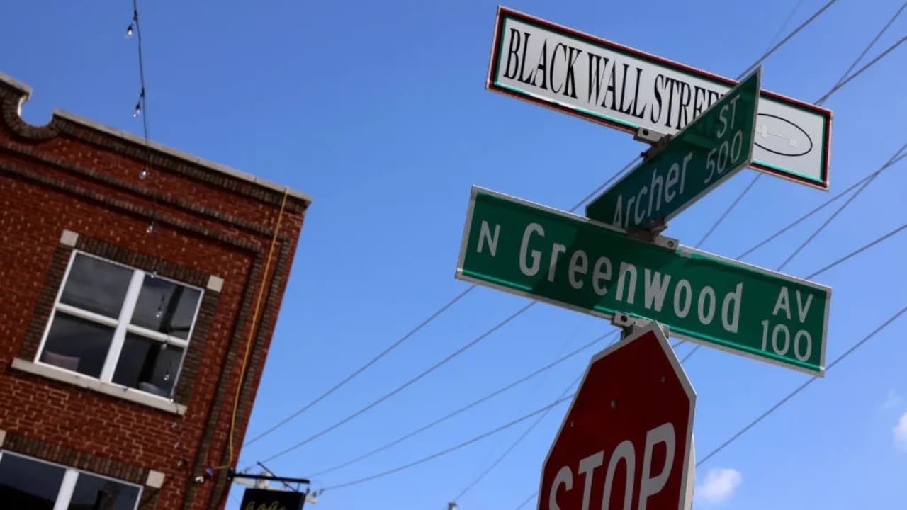 A sign marks the Historic Greenwood District in Tulsa, Oklahoma, as Black Wall Street
