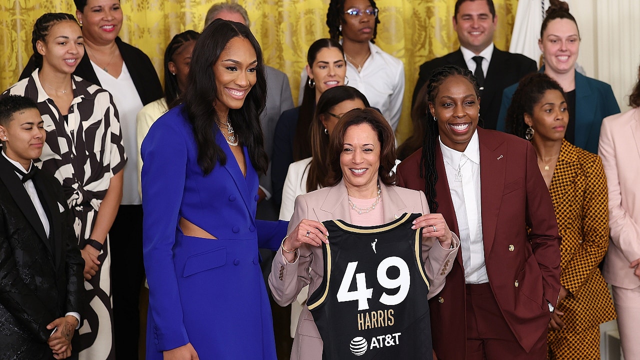 Las Vegas Aces forward A'ja Wilson, Vice President Kamala Harris and guard Chelsea Gray