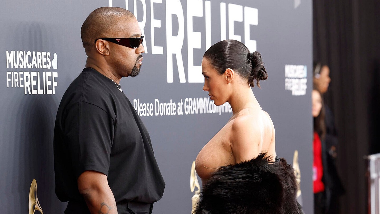 Kanye West Grammys, Kanye Invisible dress, Kanye West Bianca Censori, Bianca Censori dress, Bianca Censori Grammys, Kanye West wife dress theGrio.com
