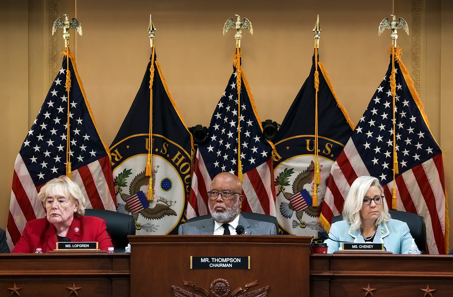 Rep. Zoe Lofgren (D-Ca.), Rep. Bennie Thompson (D-Miss.) and Vice Chairwoman Rep. Liz Cheney (R-Wy.)