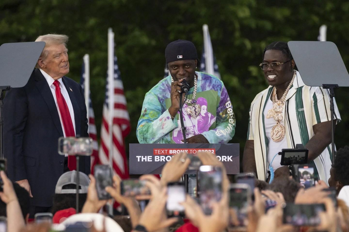 Former President Donald Trump with rappers Sleepy Hallow (Tegan Chambers) and Sheff G (Michael Williams)