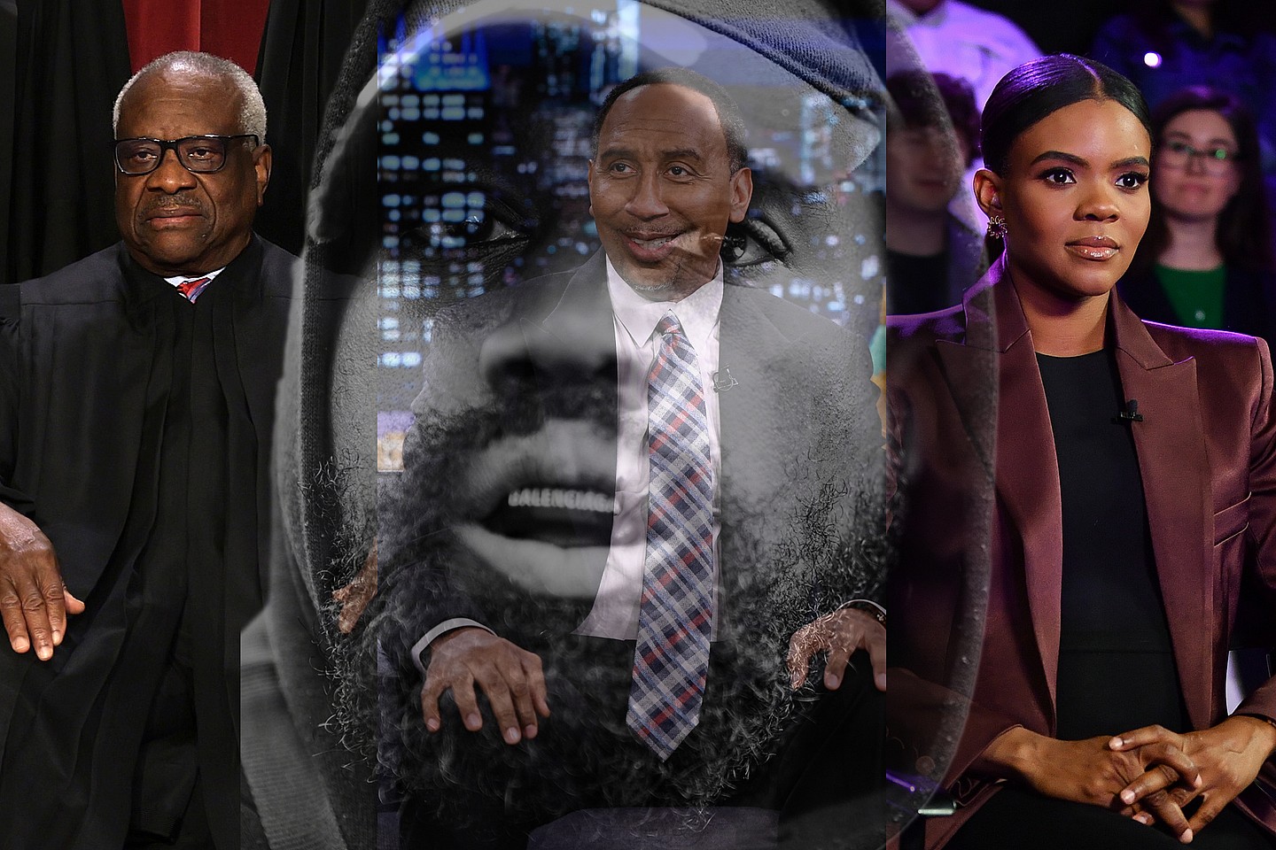 Illustration with Clarence Thomas, Kanye West and Candace Owens