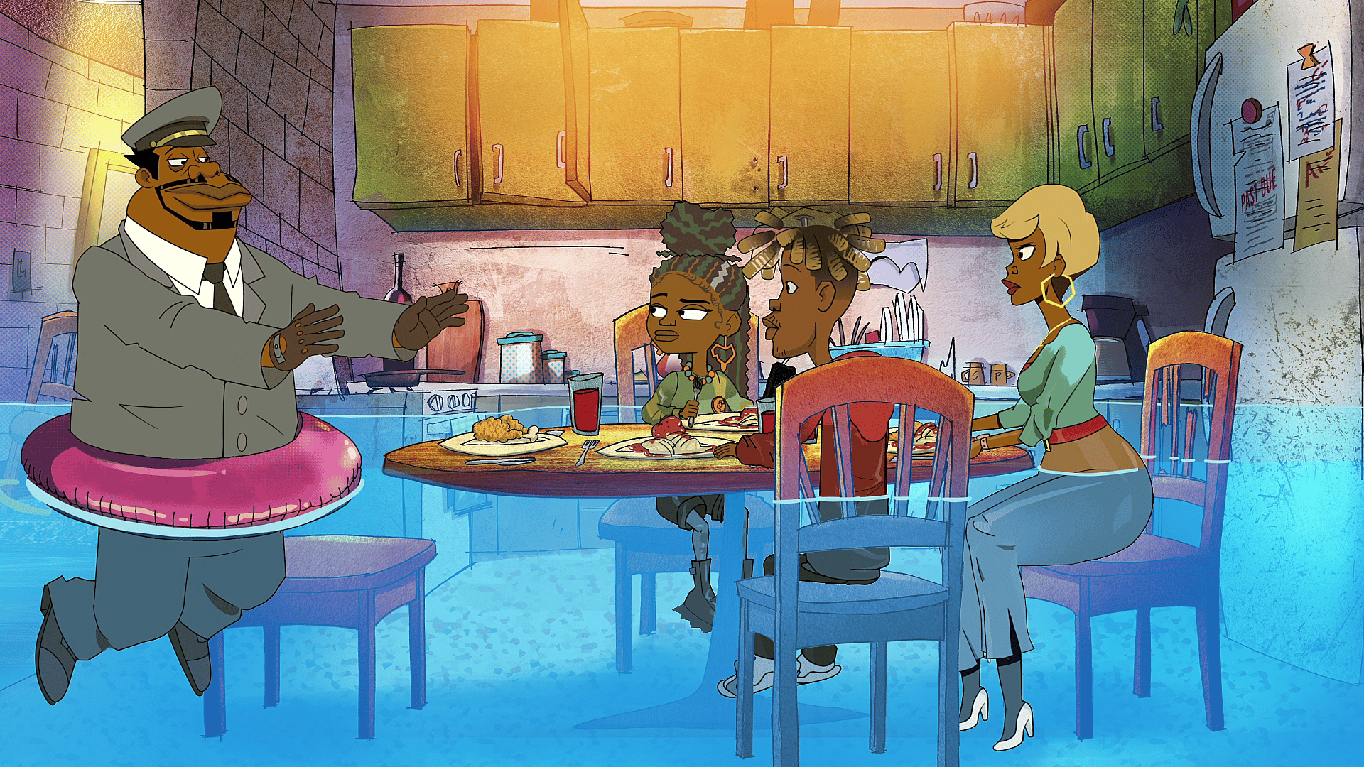 In the animated "Good Times," four members of the Evans family gather around the kitchen table in waist-deep water