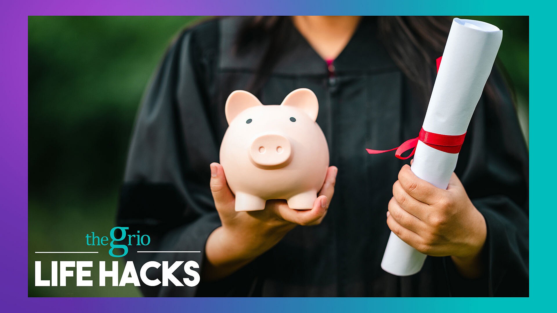 A person in a graduation gown holds a diploma and a piggy bank