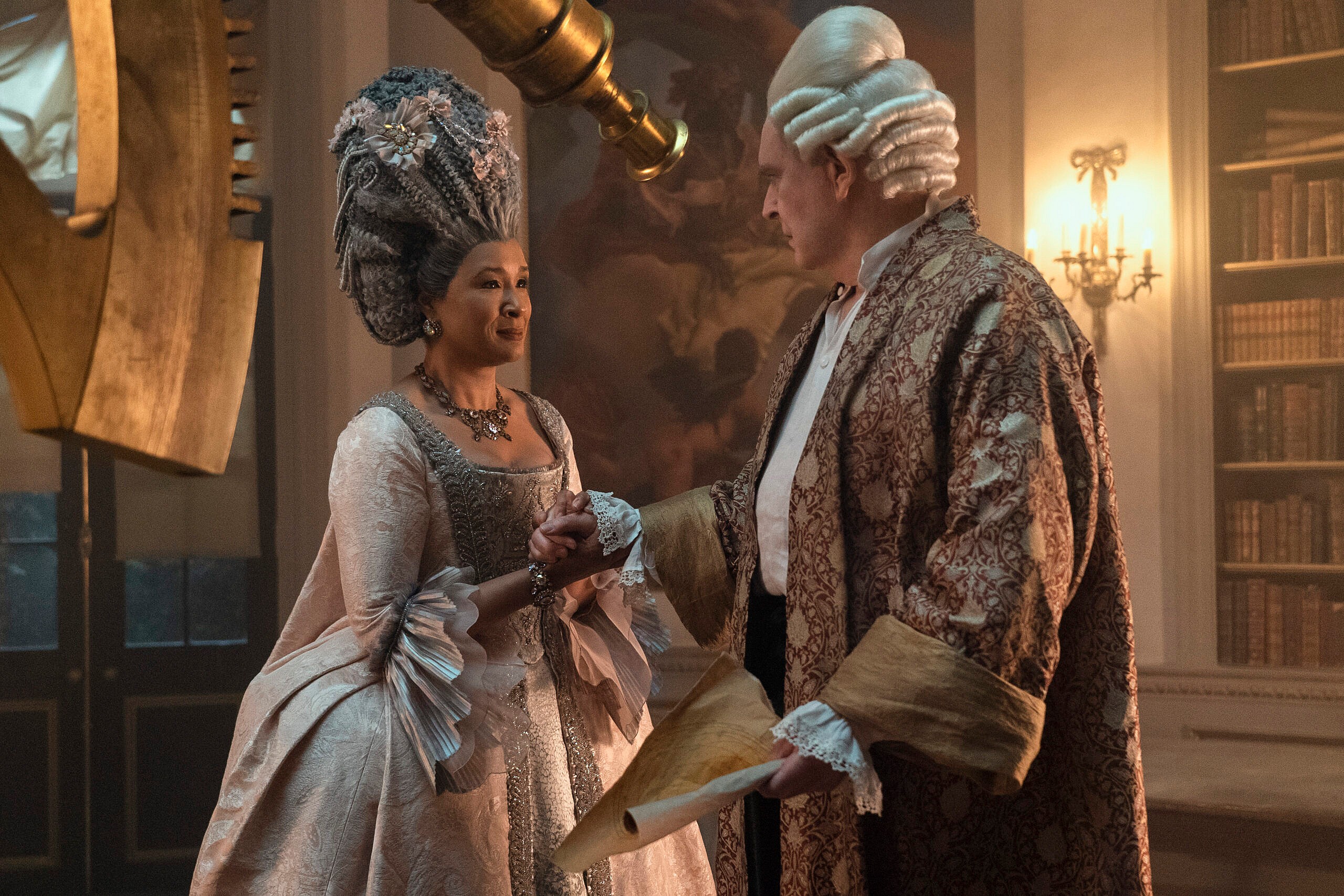 Actors Golda Rosheuvel and James Fleet in "Queen Charlotte: A Bridgerton Story"