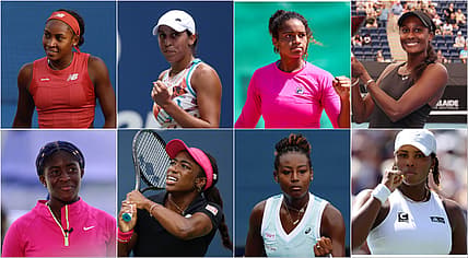 A collage of eight Black women who are playing in the 2023 US Open.