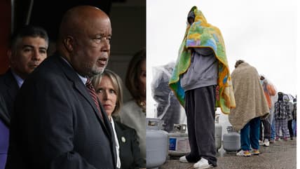 Representative Bennie Thompson next to Carlos Mandez waiting in line to fill his propane tanks