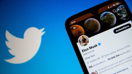Elon Musk's Twitter account is displayed on a smartphone screen with the Twitter logo in the background