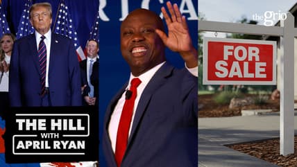 Former President Donald Trump, Sen. Tim Scott and a "For Sale" sign