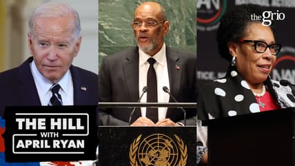 President Joe Biden, a man in a gray suit behind a UN podium and a woman in a black-and-white polka dotted jacket