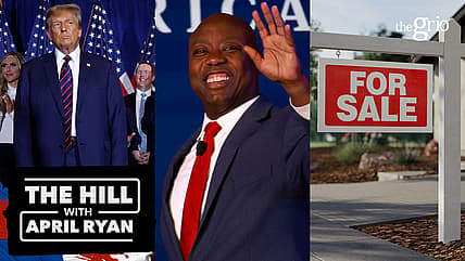 Former President Donald Trump, Sen. Tim Scott and a "For Sale" sign