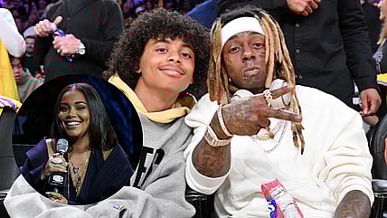 Kameron Carter attends NBA game with father Dwayne 'Lil Wayne' Carter (Allen Berezovsky/Getty Images), mother Lauren London appears in inset photo ( Nykieria Chaney/ Getty Images)