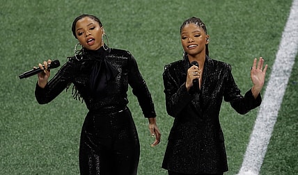 Chloe x Halle perform before the NFL Super Bowl 53 football game between the Los Angeles Rams and the New England Patriots Sunday, Feb. 3, 2019, in Atlanta. (AP Photo/Charlie Riedel) thegrio.com